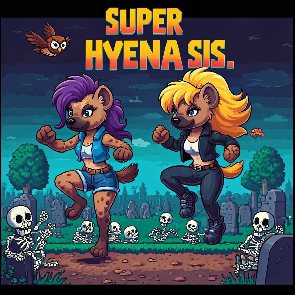 8-Bit Hyena Sisters Battle Skeletons in Cemetery