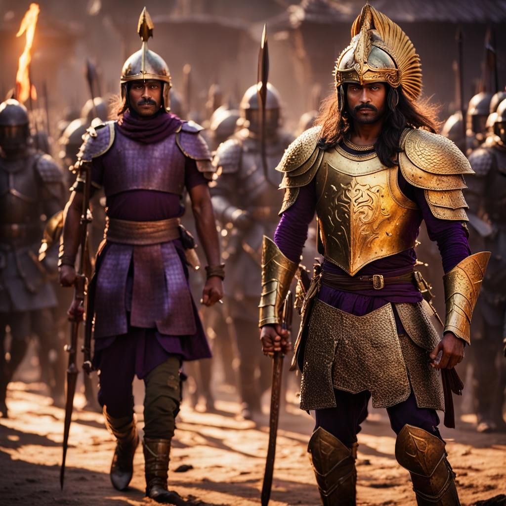 Kind Indian Man in Pteruges Armor with Soldiers