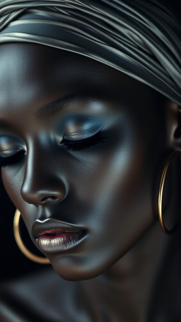 Metallic Skin Portrait with Blue Eyeshadow and Circular Earr...