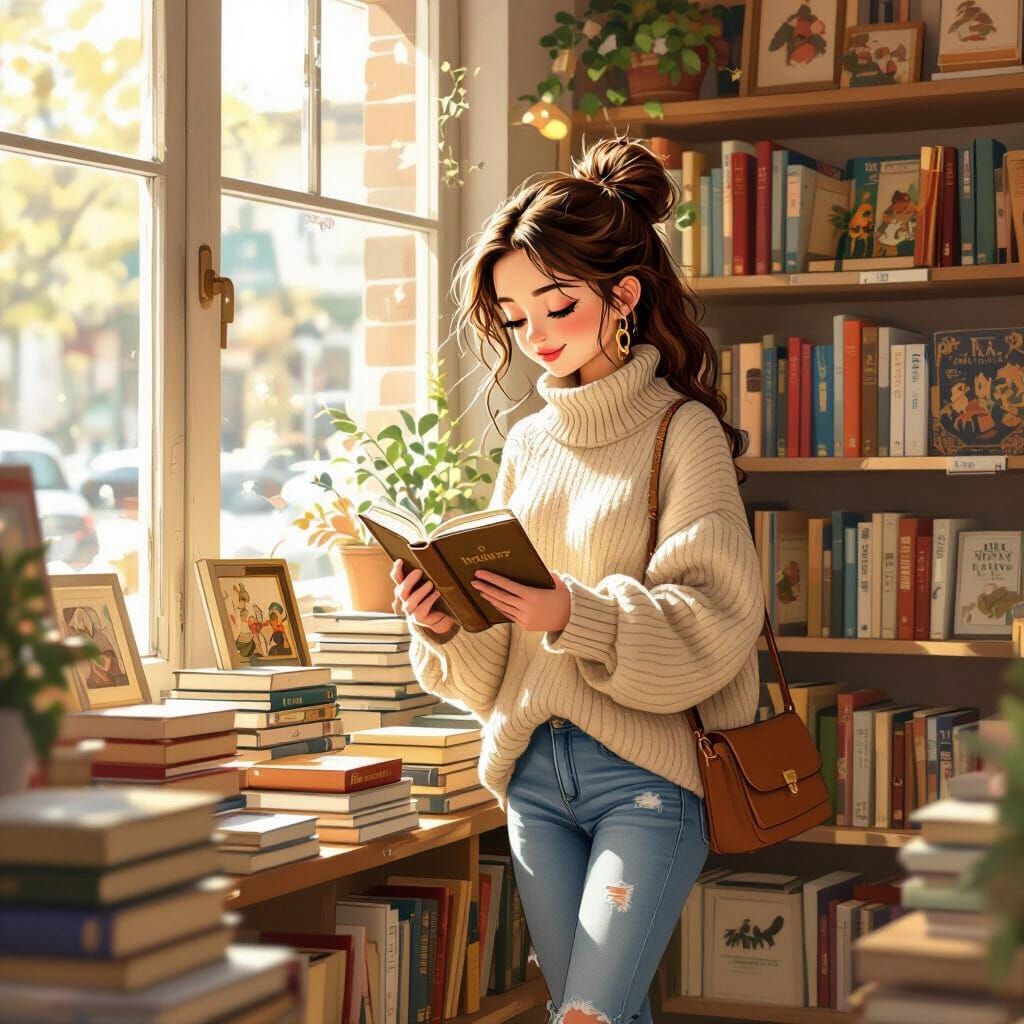 Cozy Bookstore Scene with Whimsical Illustration Style