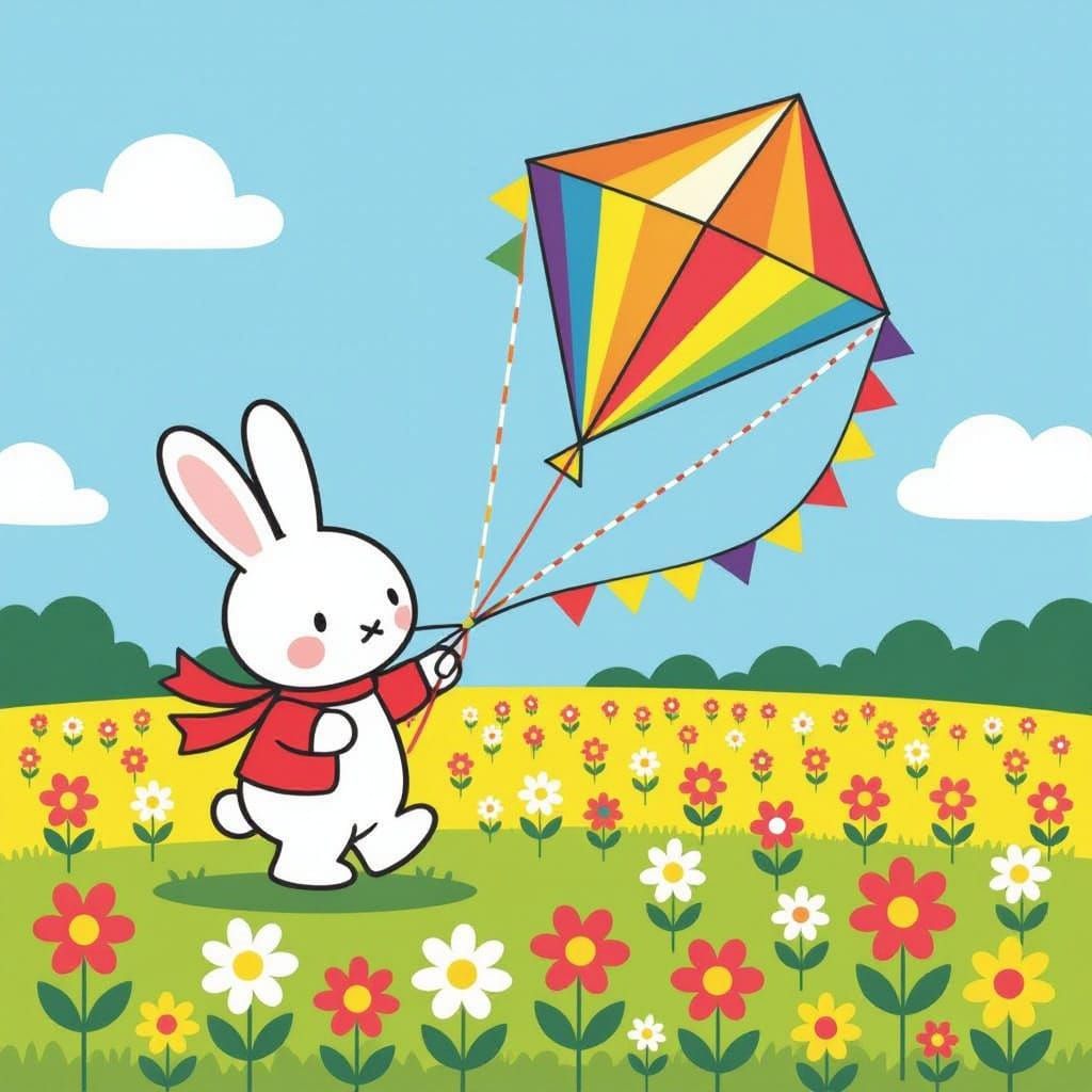 Miffy Rabbit Flies Rainbow Kite in Sunny Flower Field