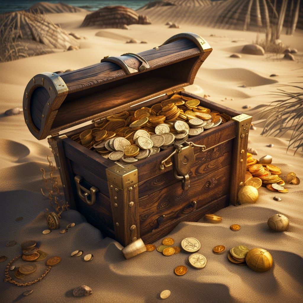 Pirate Treasure Chest on Beach with Map