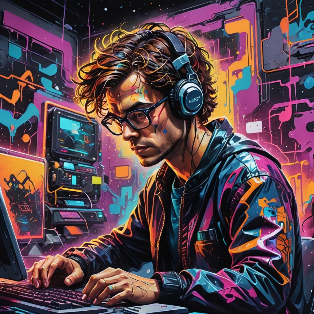 Cyberpunk Graffiti: Nerd in Futuristic Room