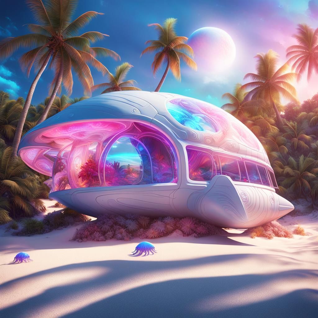 Tribal Spaceship on Tropical Beach, Digital Matte Painting