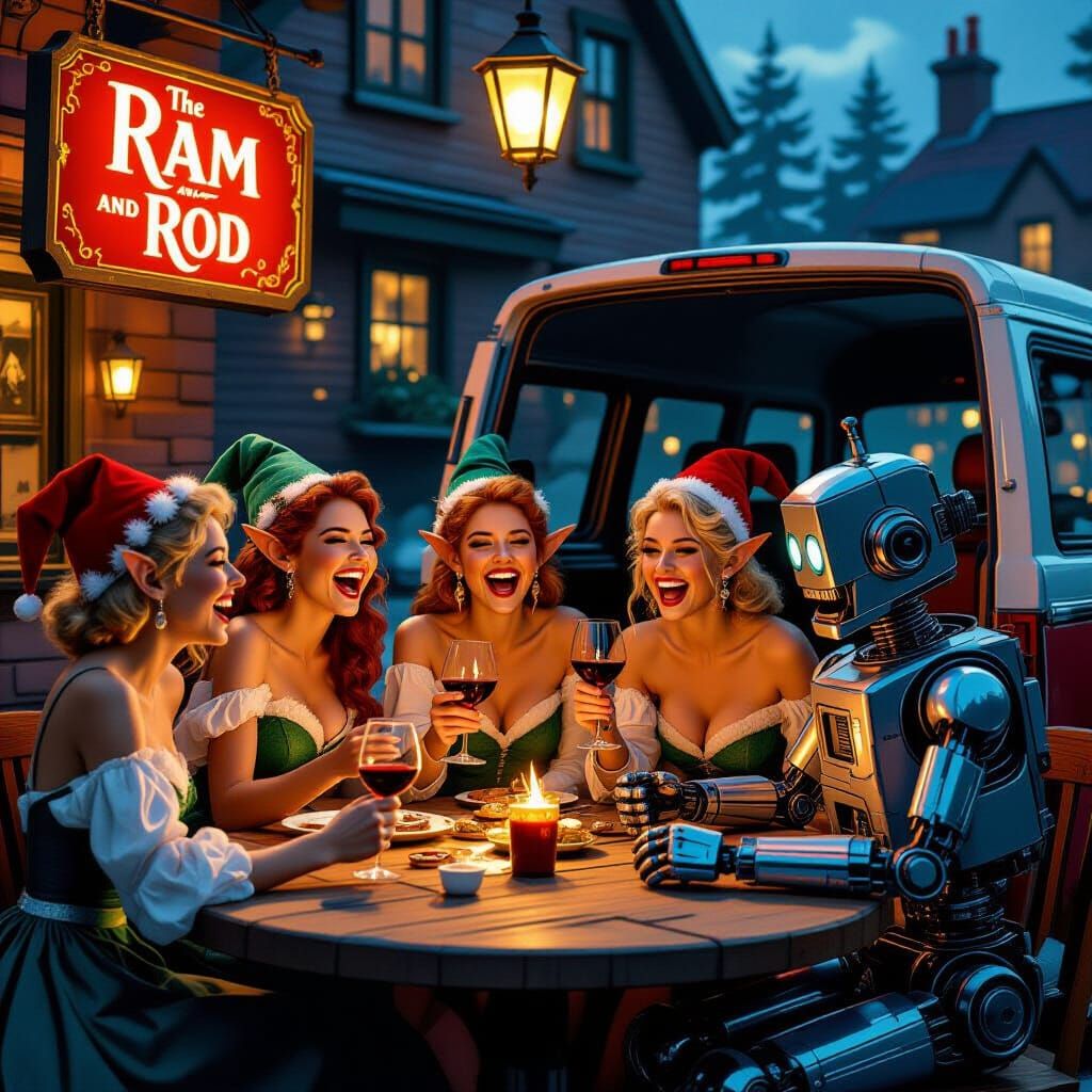 Elves and Robot Celebrate in Repair Van