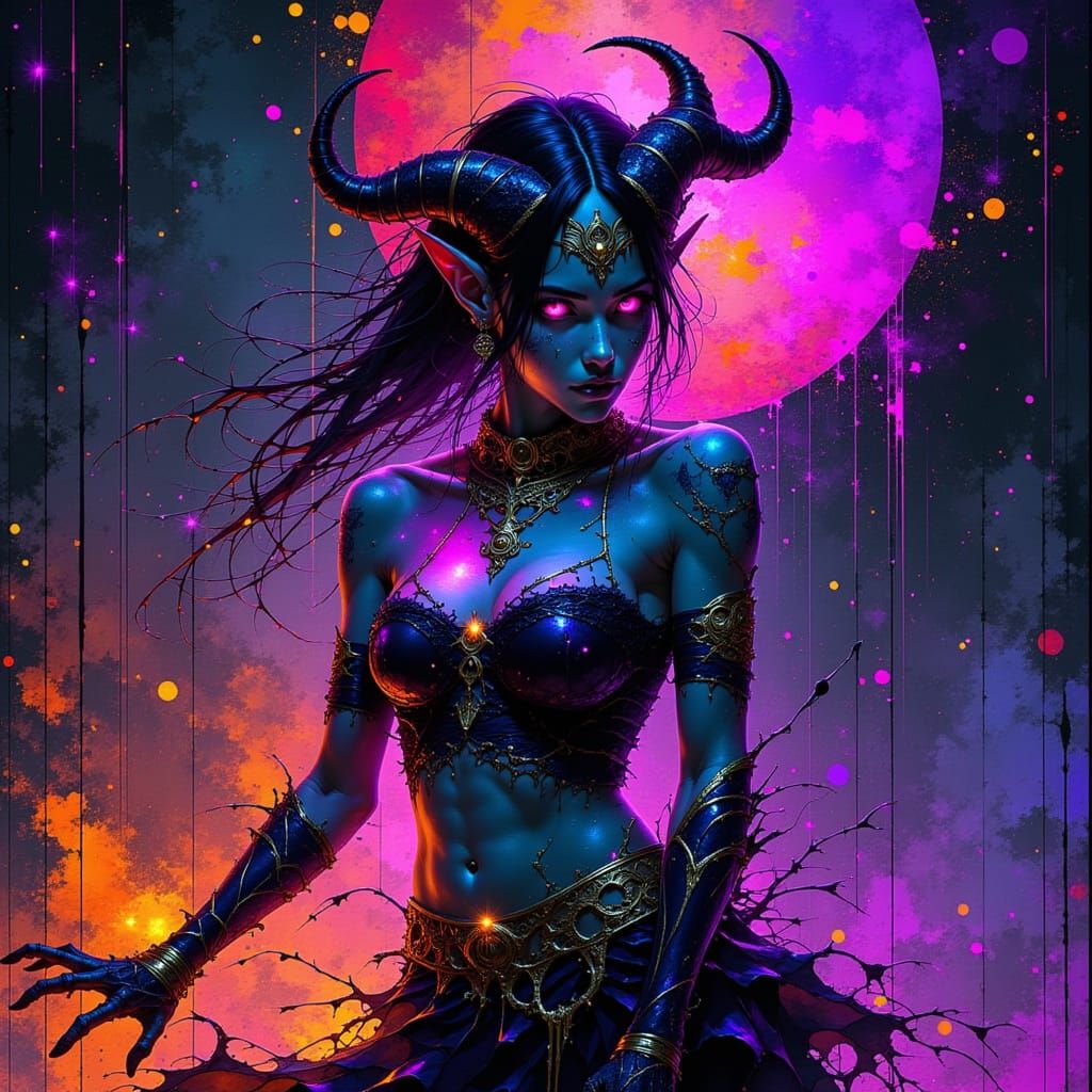 Cyberpunk Demoness Elf with Bioluminescent Tattoos