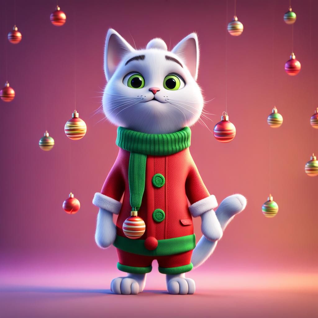 Festive Bipedal Cat in Christmas Clothes: Pixar Style
