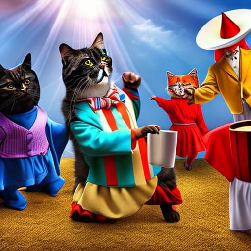 Jesus juggling for cats with downs syndrome. cats in cloths sitting pretty having fancy tea time at a party. Photorealis...