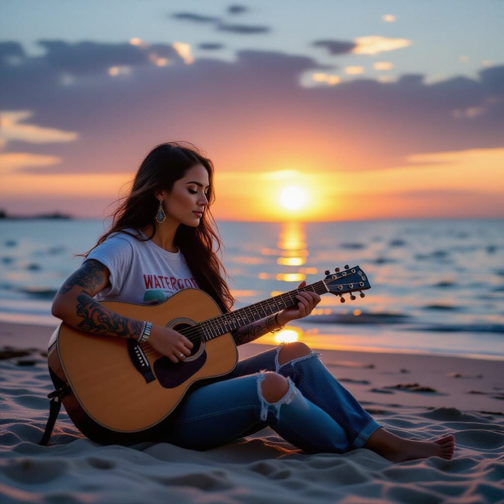 Native Woman Plays Guitar on Texas Beach at Sunrise