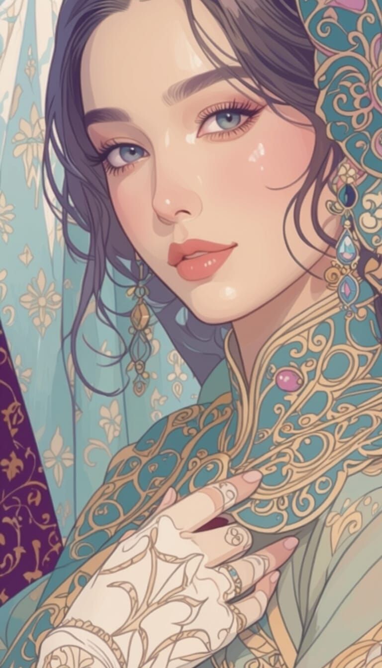 Queen on Throne in Art Nouveau Style