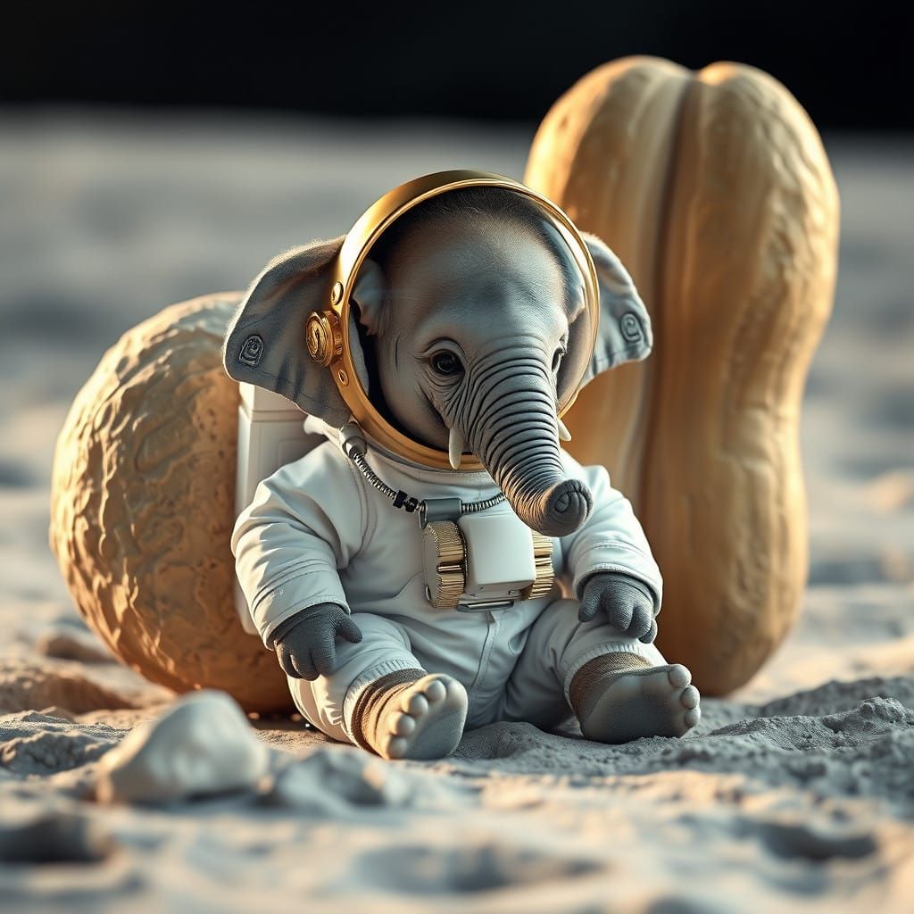 Baby Elephant Astronaut on the Moon with Oversized Peanut