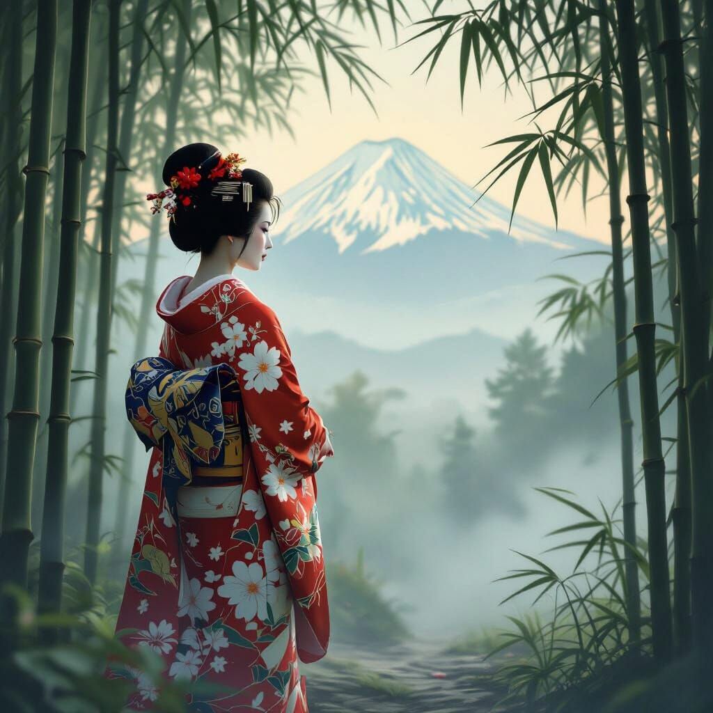 Geisha in Bamboo Forest, Ukiyo-e Style