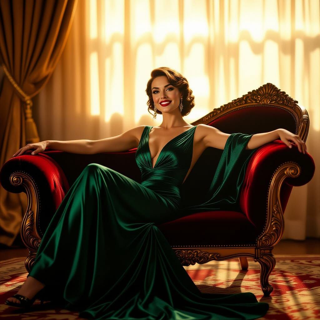 Eurasian Woman in Emerald Gown, Film Noir Aesthetic