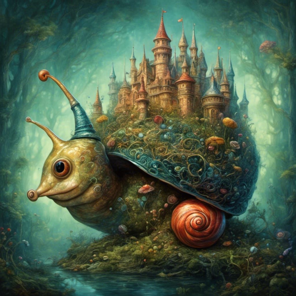 Snail with Castle Shell: Detailed Quirky Drawing