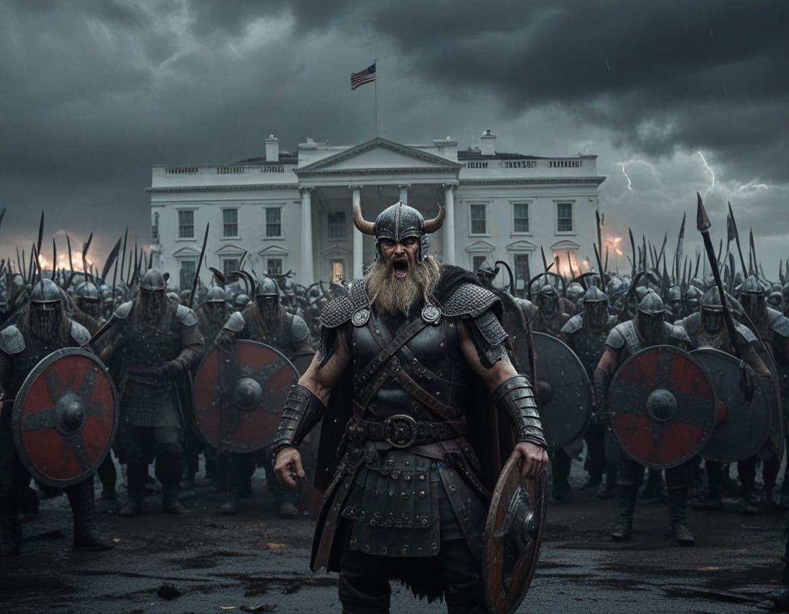 Vikings and Civilians Storm White House on Stormy Night