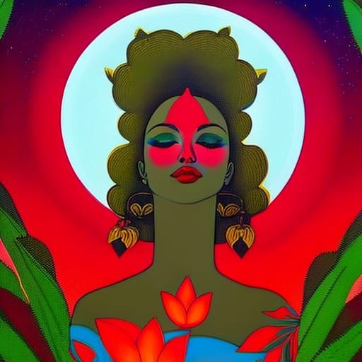 Praying Goddess with Strawberry Moon in Pop Surrealist Style