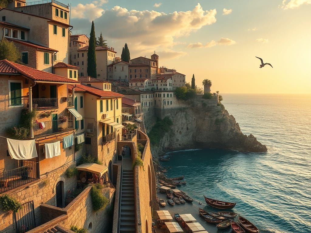 Surreal Italian Coastal Village Under Golden Sunset
