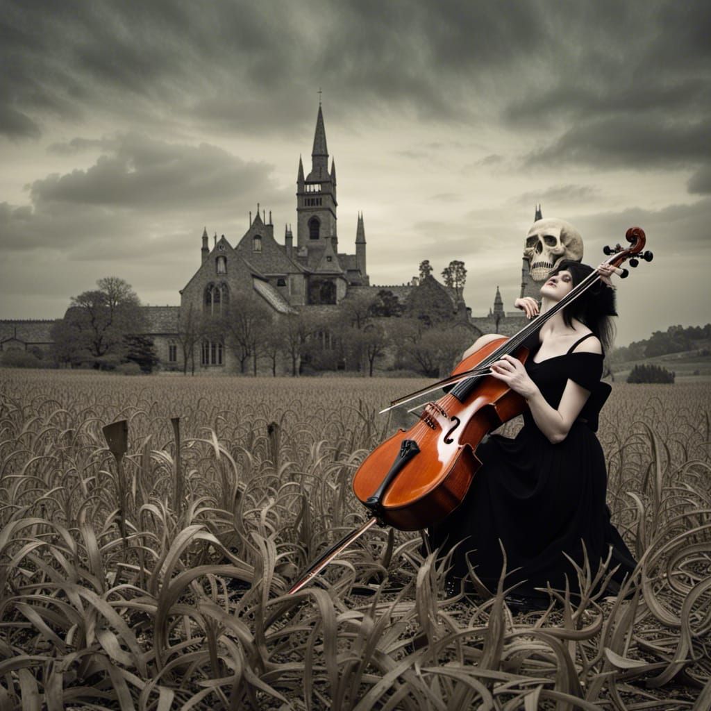 Gothic Cellist in Skull Field: Dark Surreal Photo