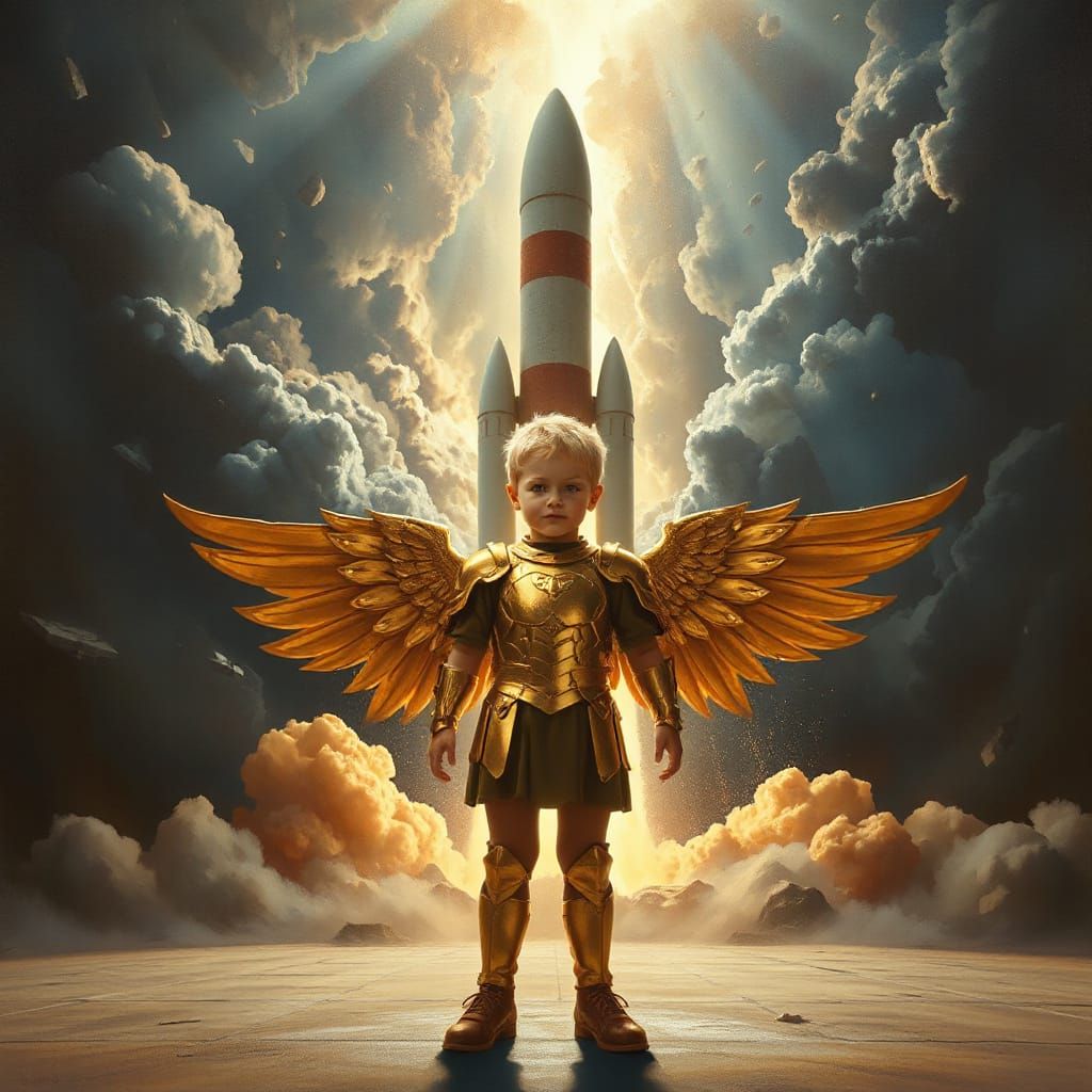 Armored Child Ready for Launch, as Oil Painting