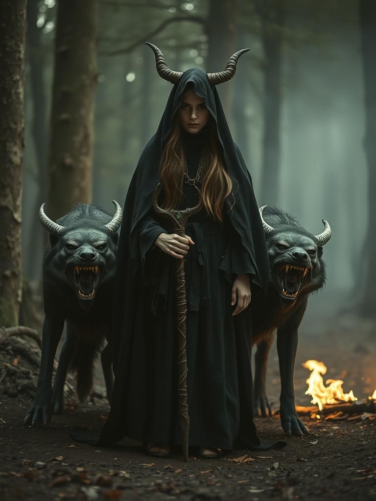 Mysterious Horned Woman in Dark Fantasy Forest