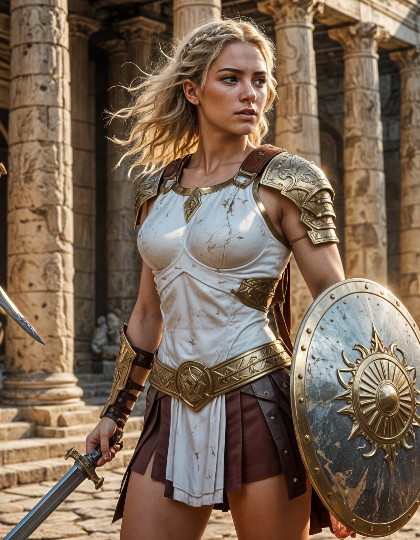 Greek Female Warrior in White Kiton with Gold Decor