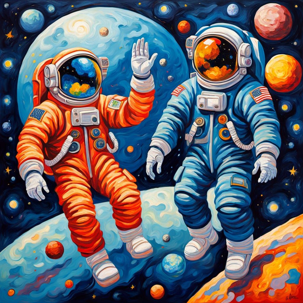 Astronauts in Vibrant Suits Adrift Among Celestial Bodies in...