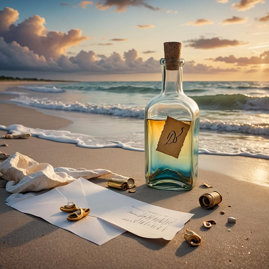 Letter in a Bottle on Beach at Sunrise