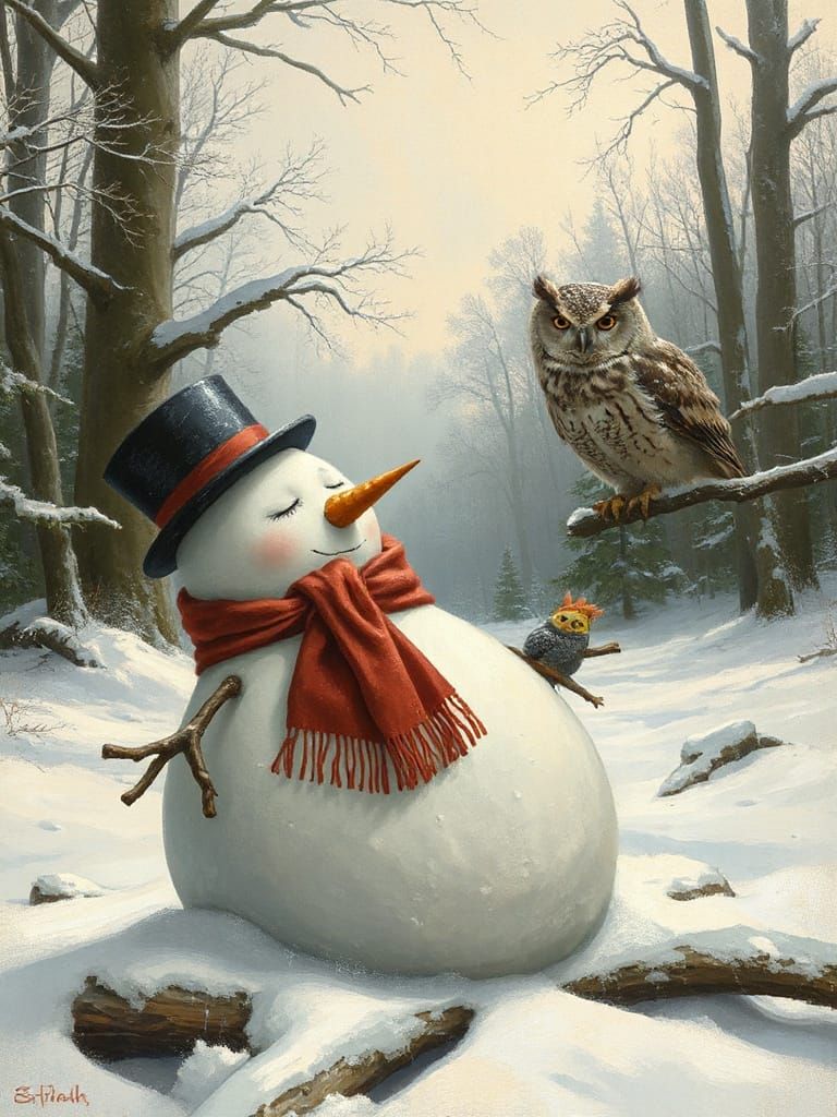 Snowman and Owl in Snowy Forest Painting