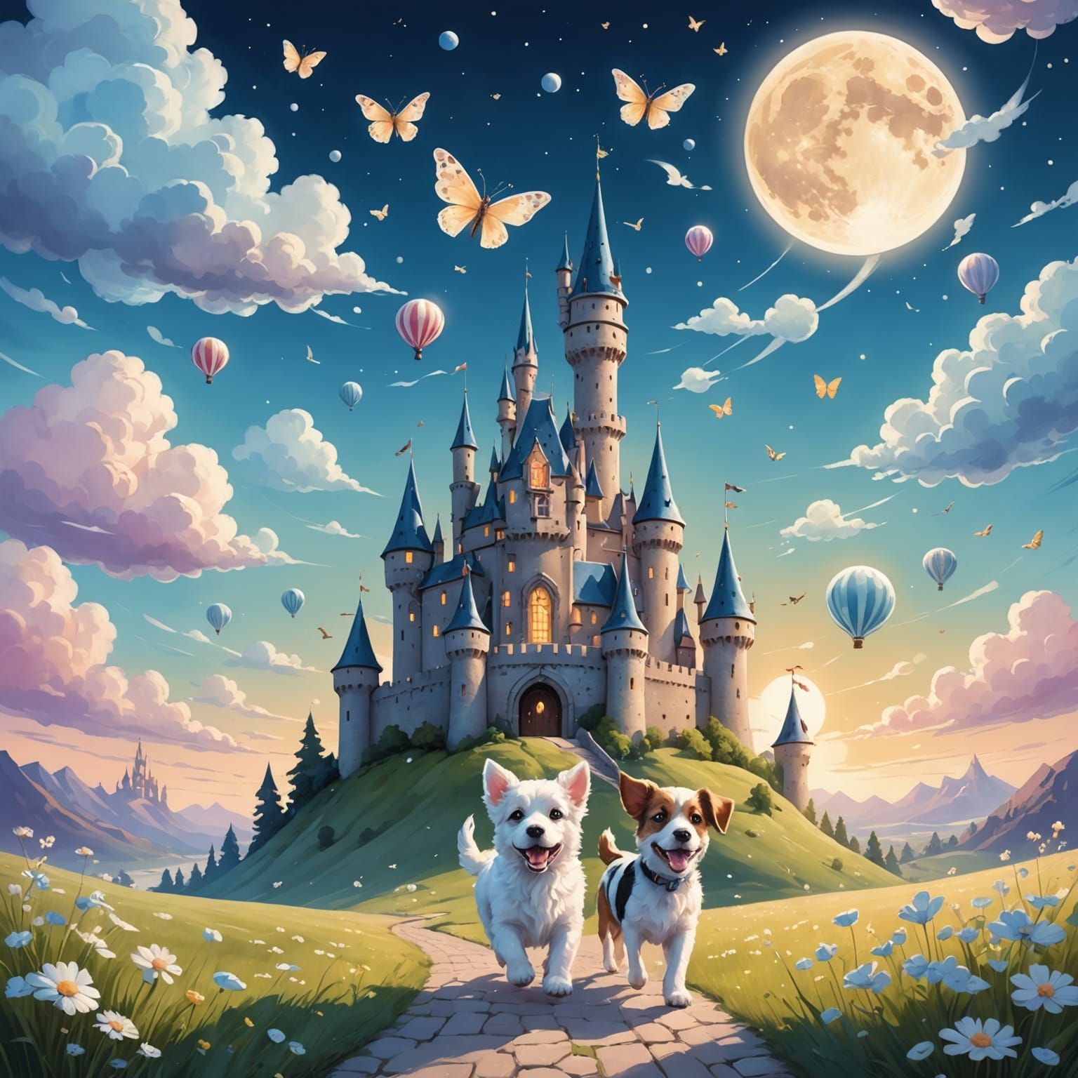 Surreal Dreamscape With Winged Puppies and Floating Castle