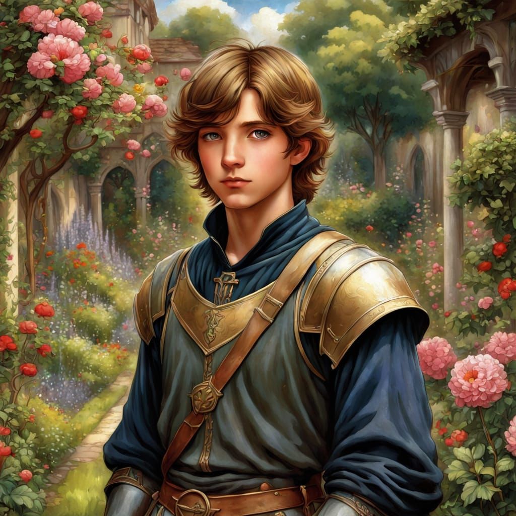 Fantasy Boy in Medieval Garden, Anime Style