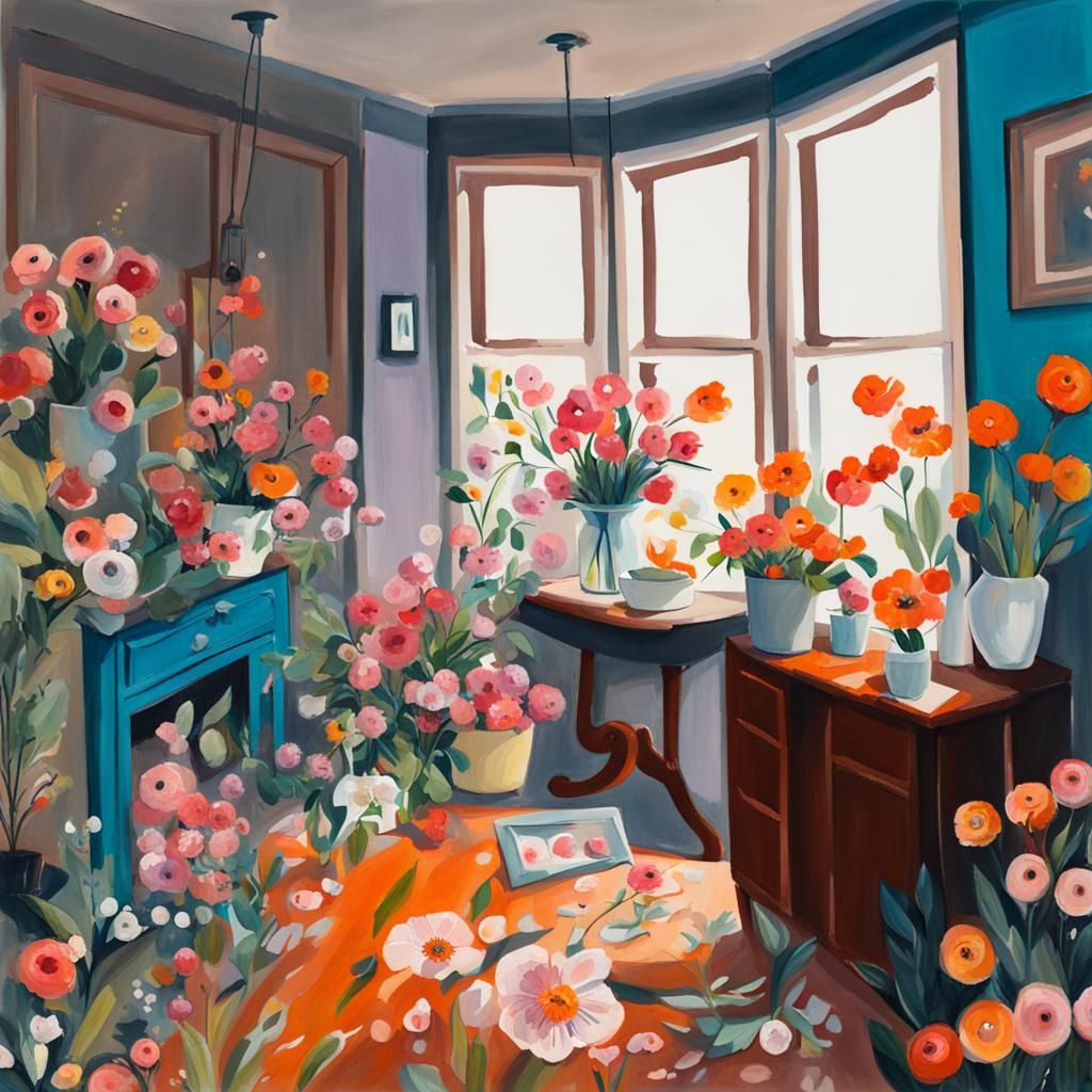 Detailed Gouache Painting of Flowers Everywhere