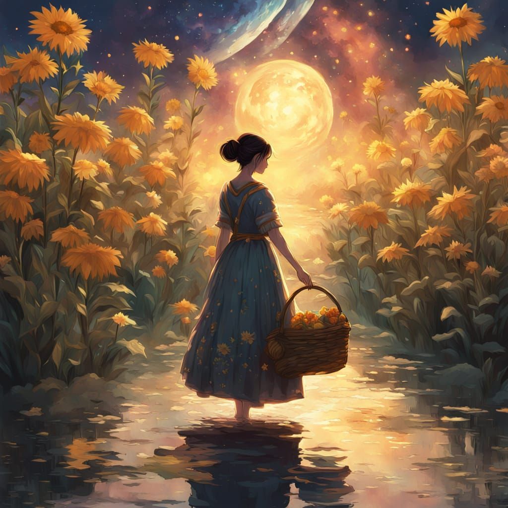 Impressionist Oil Painting: Woman with Sunflowers in Golden ...