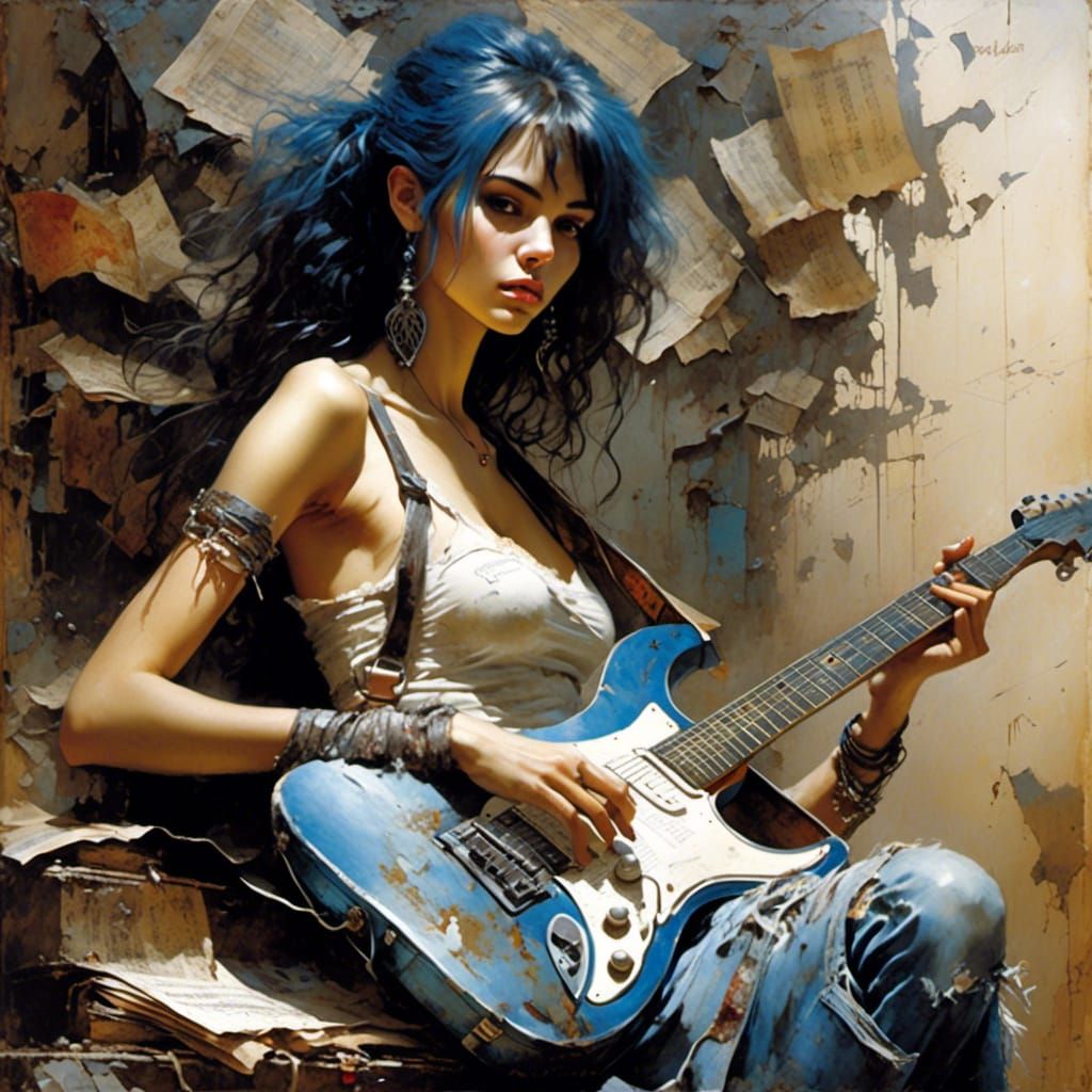 Cute Girl with Guitar in Storybook Style