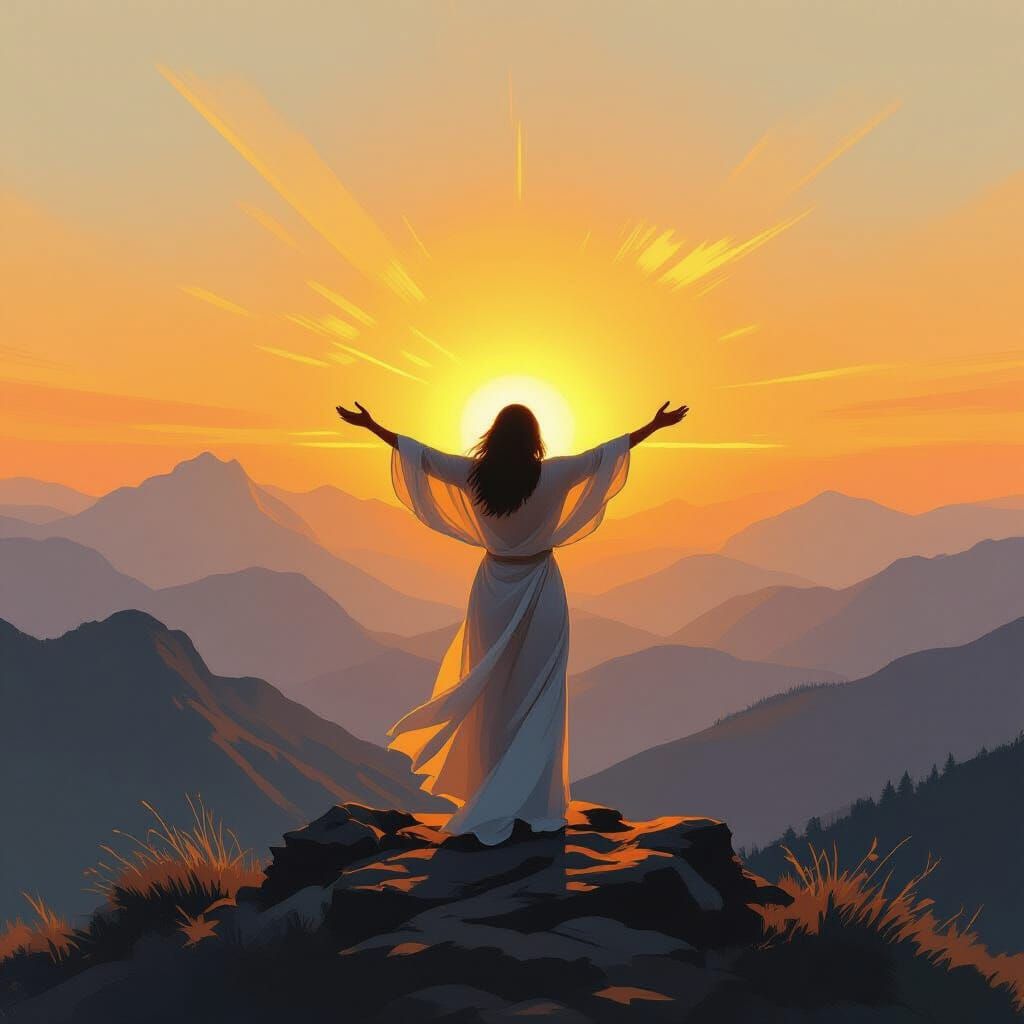 Figure Bathed in Golden Light on Mountaintop at Sunrise