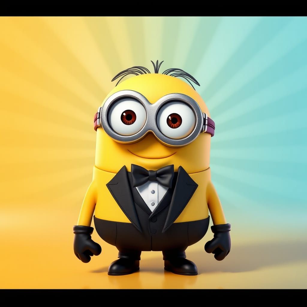A cute Pixar minion dressed as a Monsters, Inc character. Wearing a luxurious tuxedo.