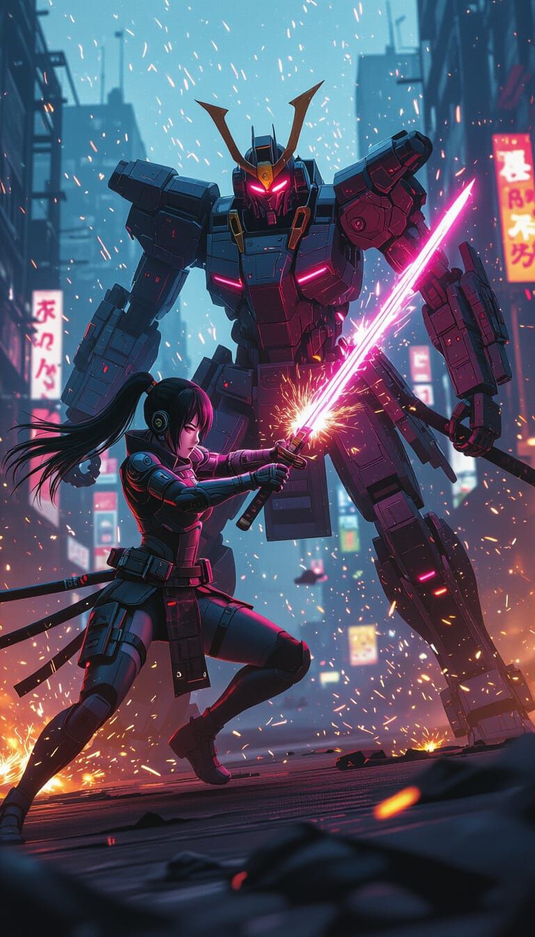 Cyberpunk Ninja vs. Samurai Android in Neon City Battle