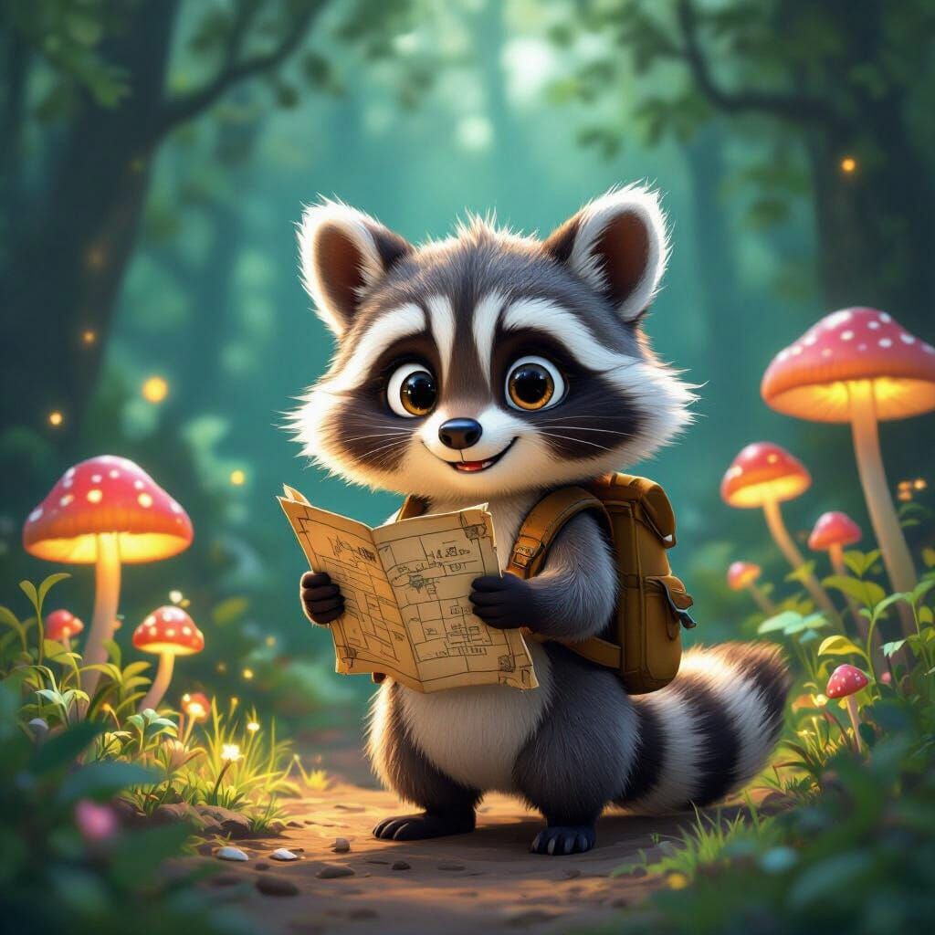 Cartoon Raccoon in Whimsical Forest, Pixar Style