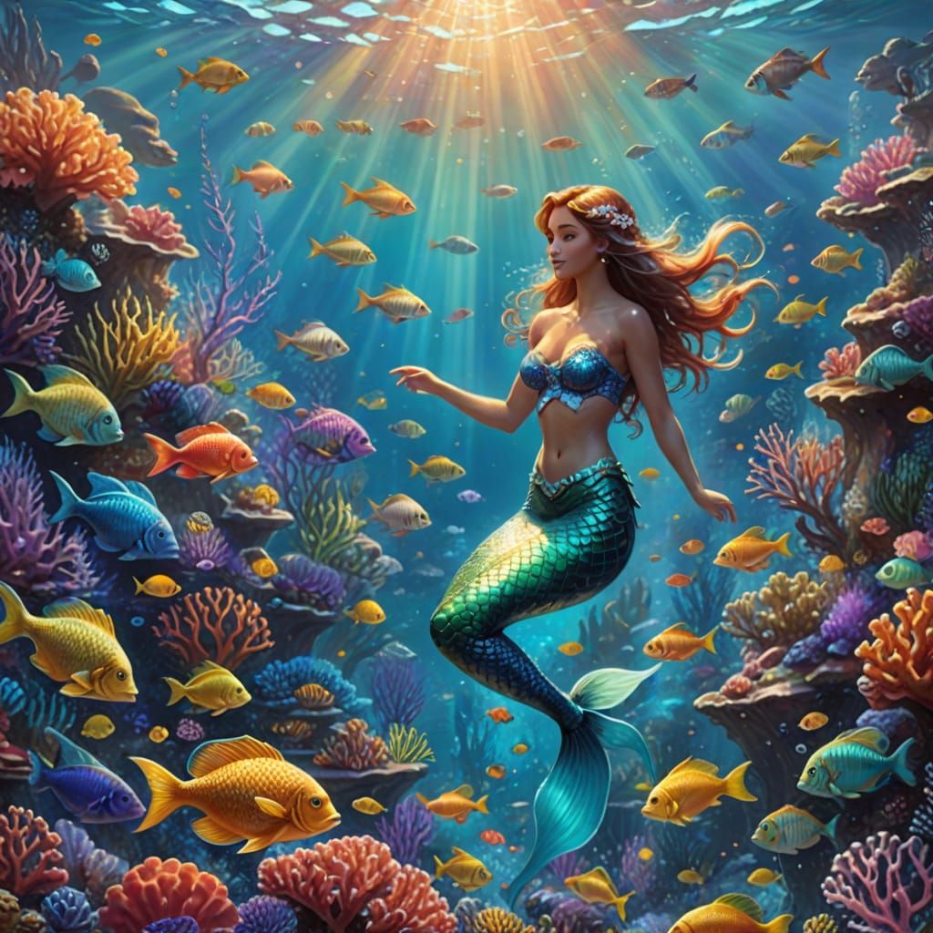 Ethereal Mermaid in Coral Reef, Illustrative Style