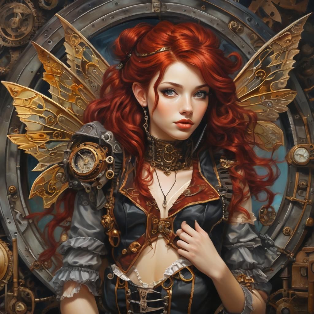 Steampunk Fairy with Red Hair Oil Painting