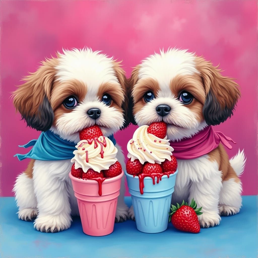 Shih Tzus Enjoying Ice Cream, Watercolor and Gouache Style