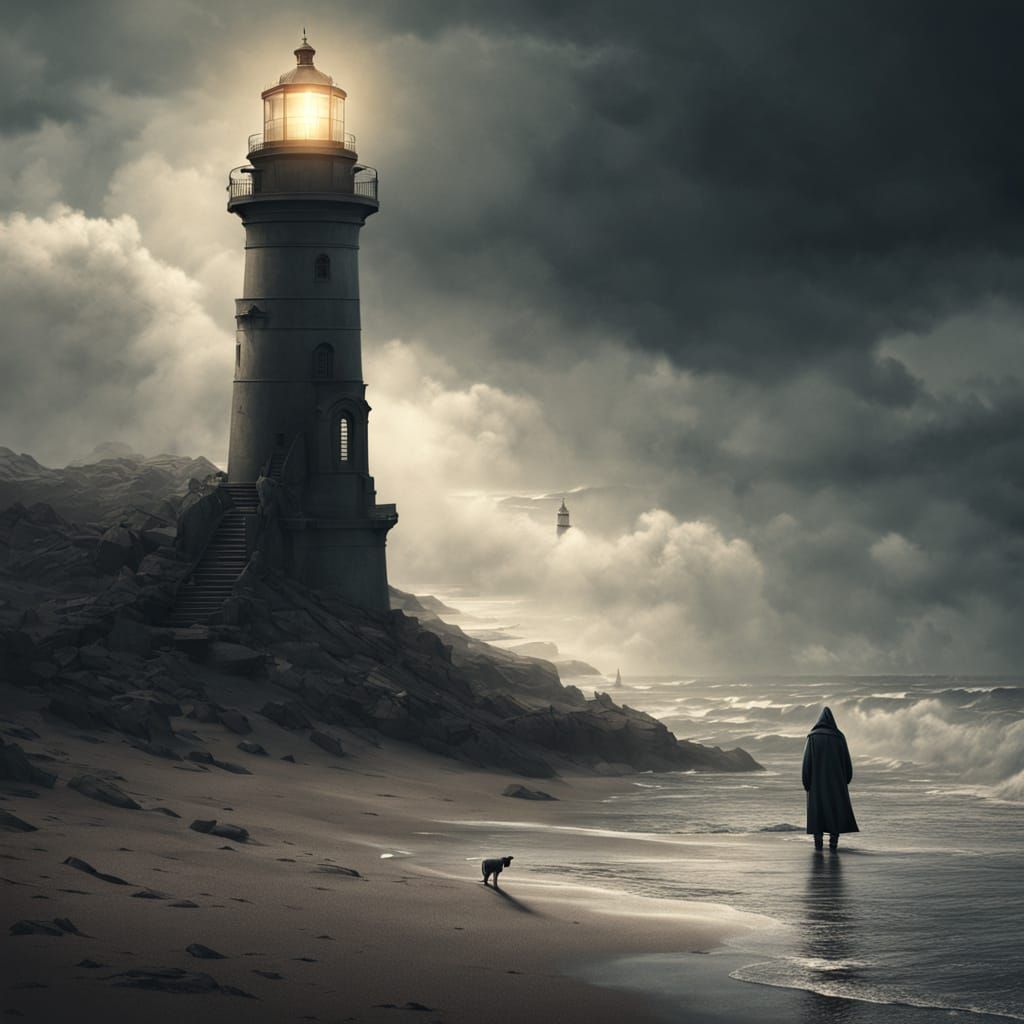 Dark Fantasy Hooded Figure on Desolate Beach