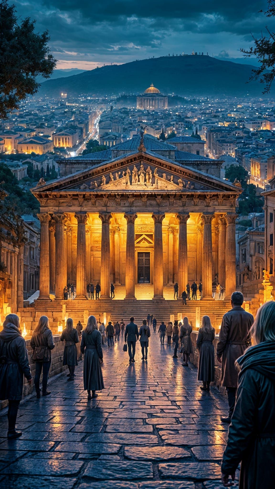 Parthenon at Night: Vibrant Ancient Athens Scene