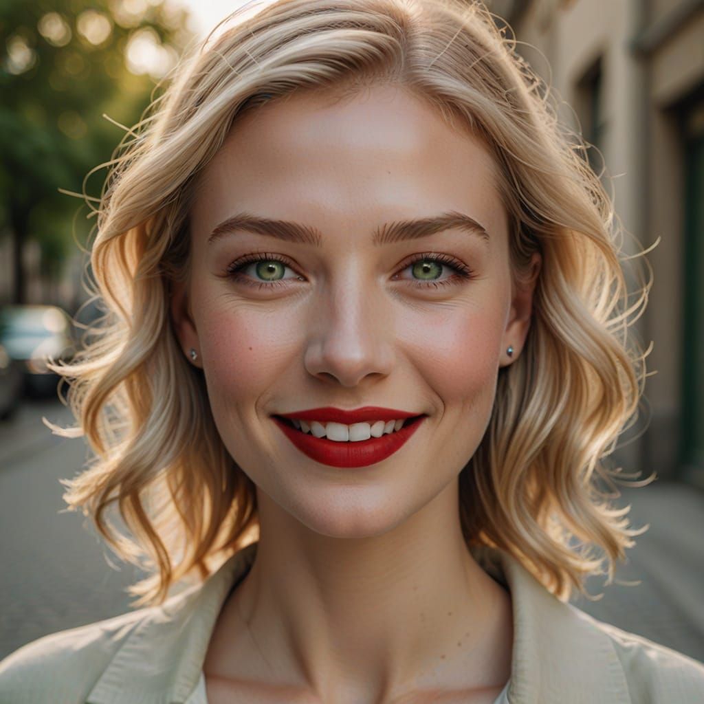 Photorealistic Portrait of a Blonde Woman with Green Eyes