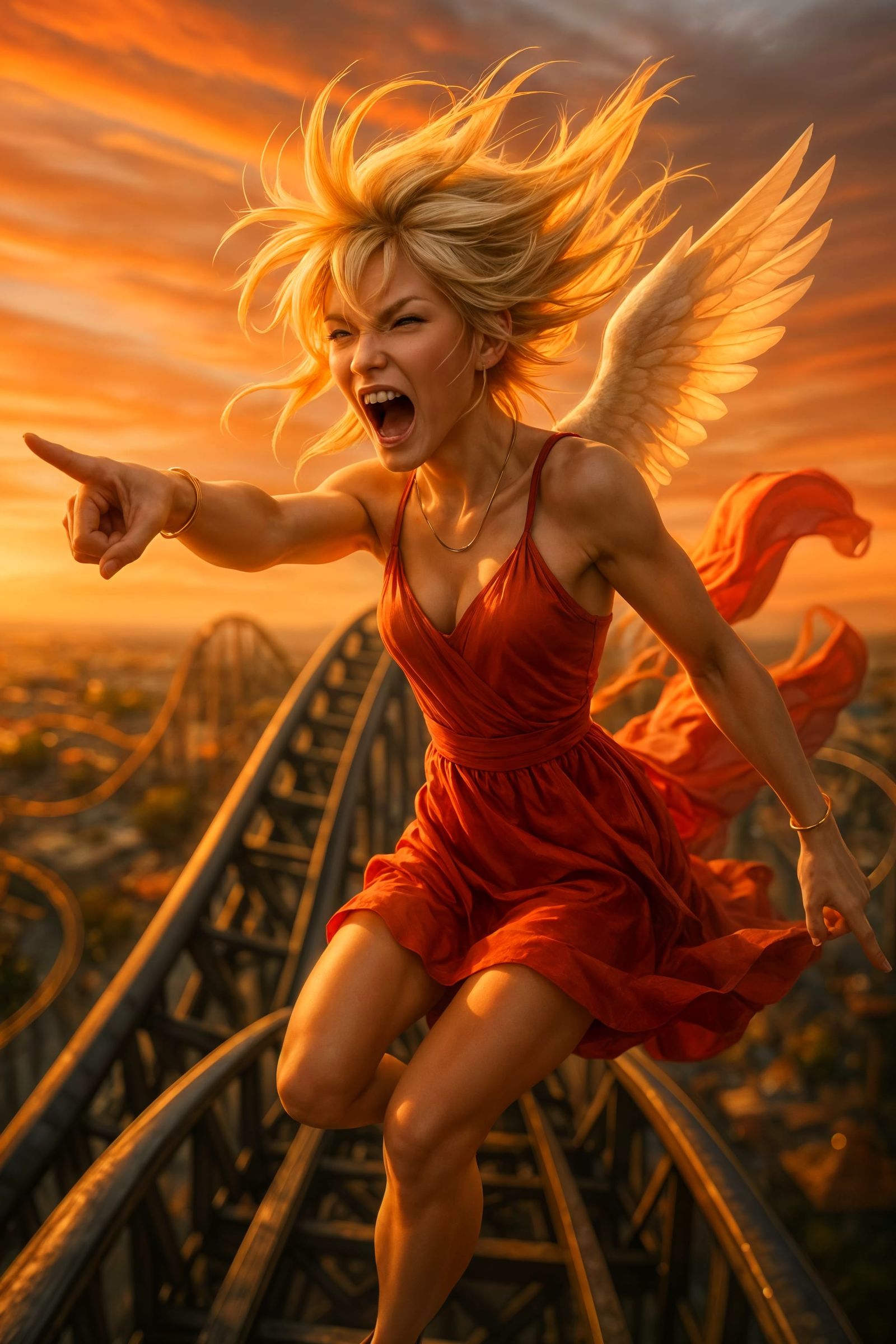 Dynamic Woman on Roller Coaster in Golden Hour