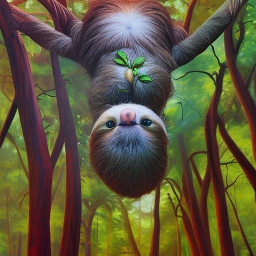 Sloth Warrior in Forest: A Surreal Oil Painting