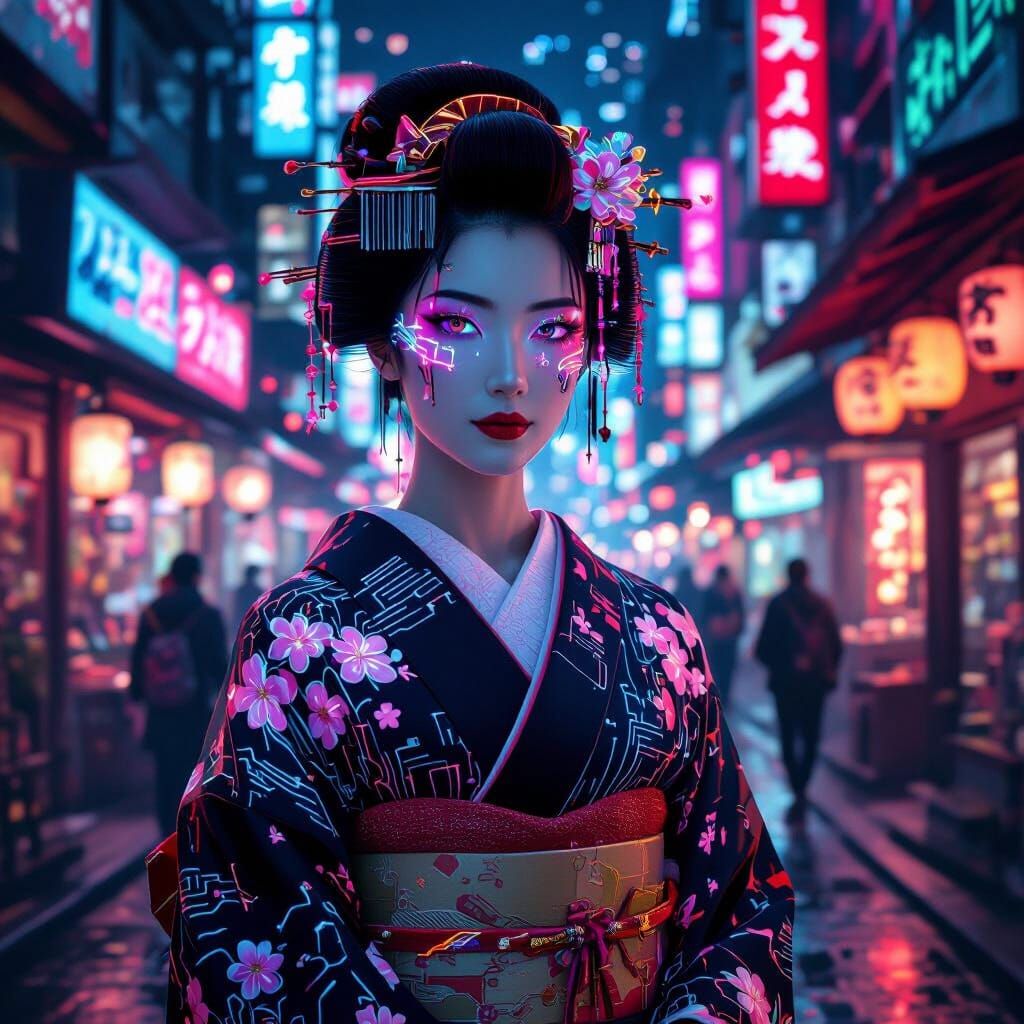 Cyberpunk Geisha in Neon Metropolis