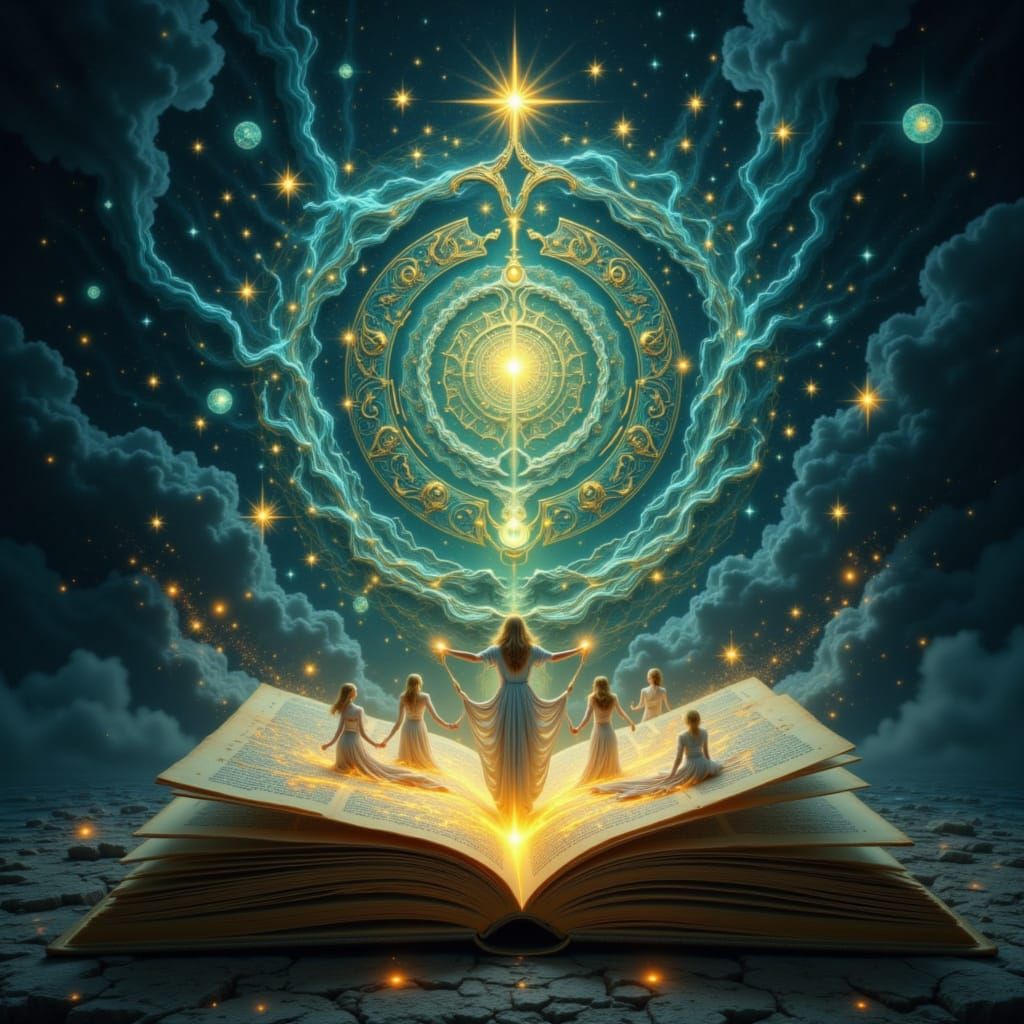 Ancient Book Merged with Irish Map and Ethereal Beings