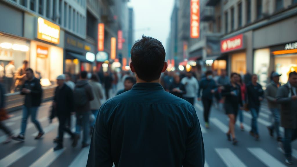 Steadfast Figure Amidst Urban Turbulence in a Hyper-Realisti...