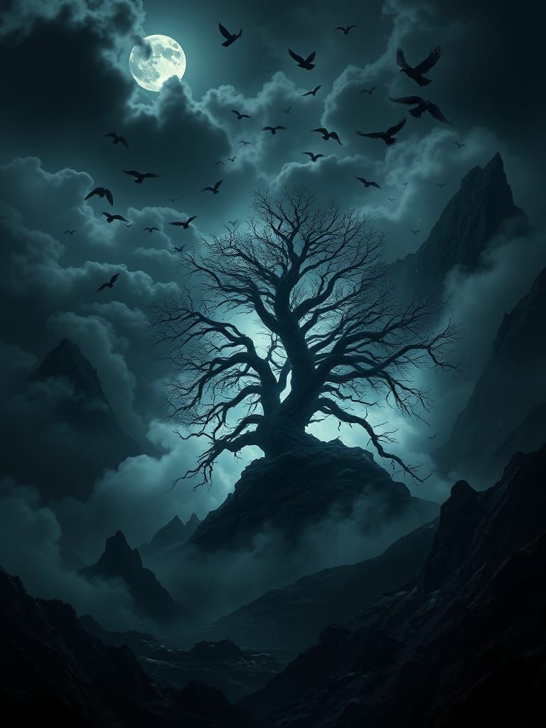 Cyberpunk Landscape with Towering Black Mountains and Ethere...