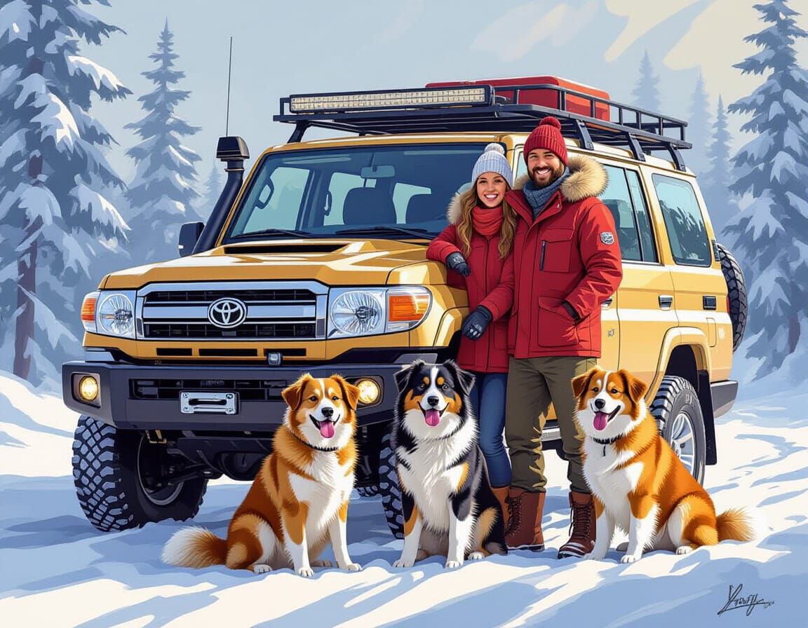 Couple with Dogs and Toyota Land Cruiser in Winter Adventure